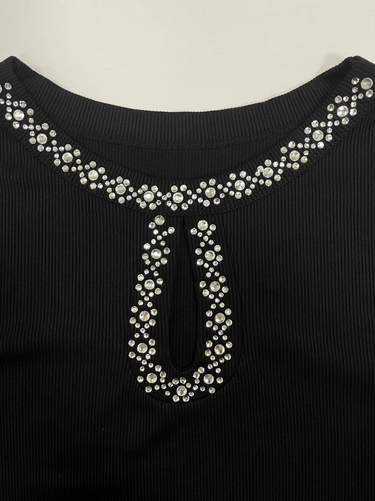 Rhinestone-embellished Ribbed Knit Top