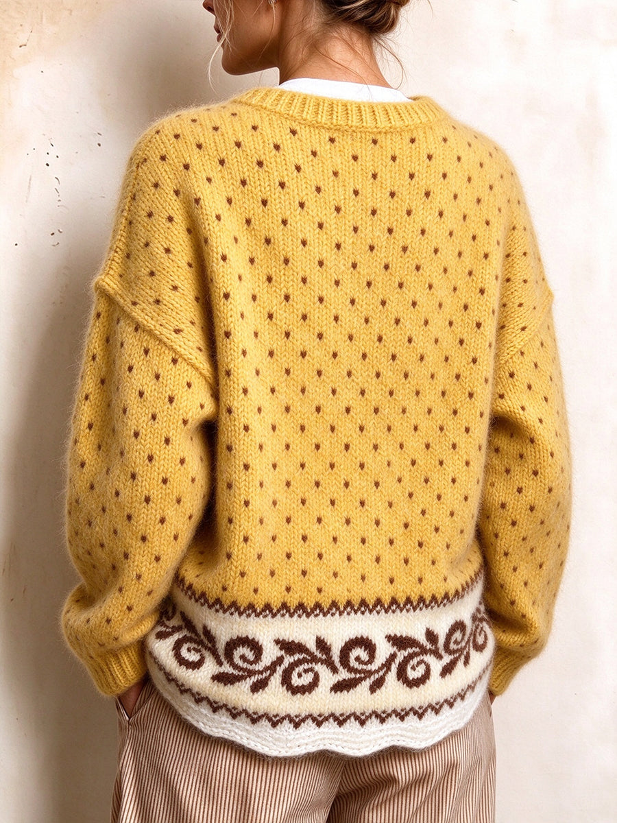 Cozy Mustard-Yellow Patterned Crewneck Knit Sweater