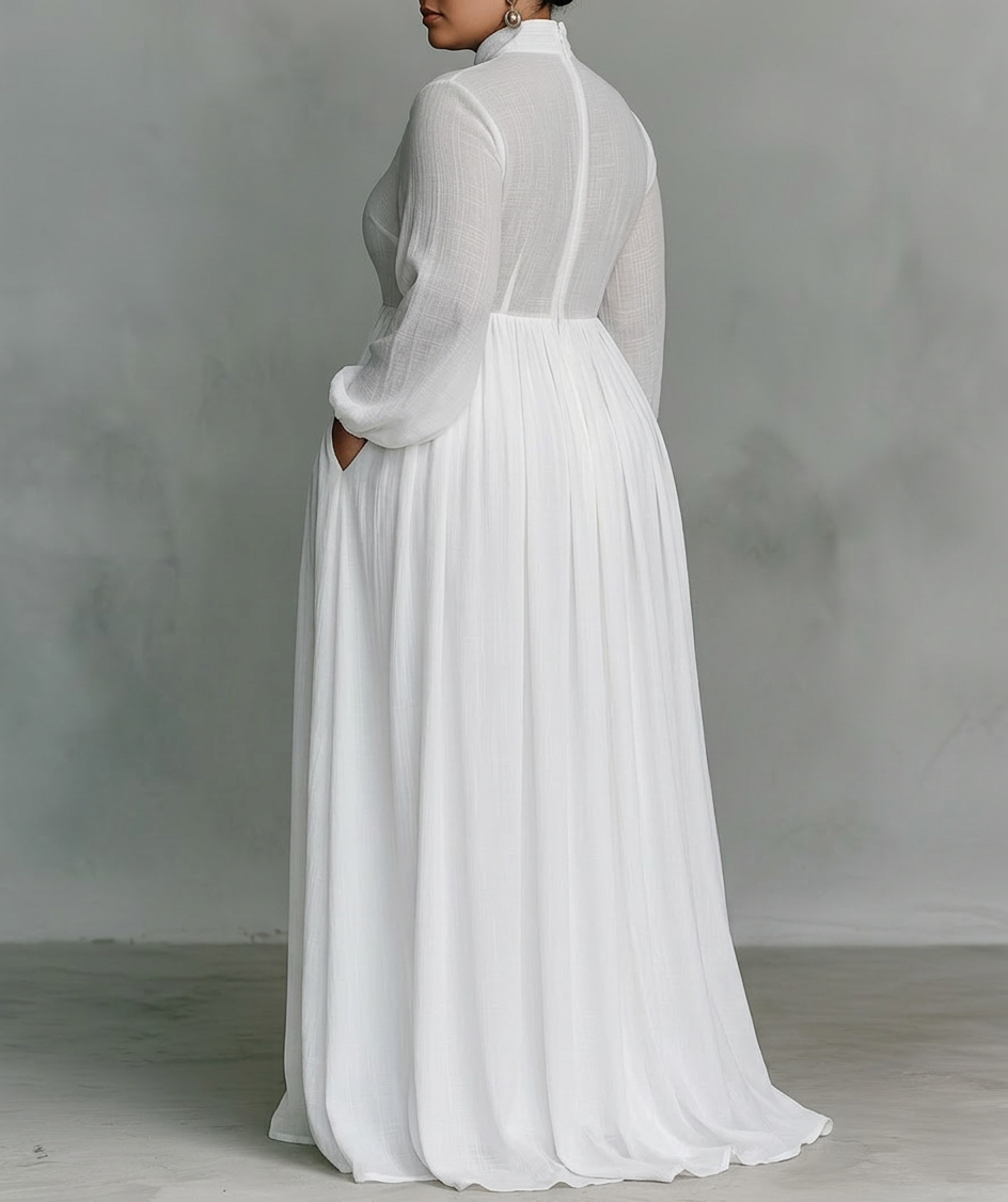 Elisa - Maxi Minimalist Dress with Patchwork, High Collar and Long Sleeves