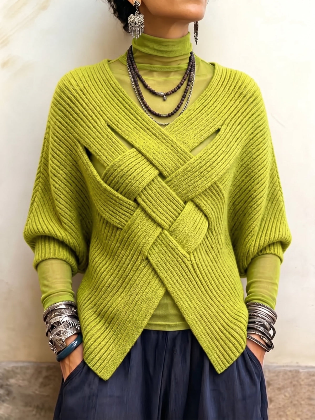 Artistic Interwoven Ribbed Batwing Knit Sweater