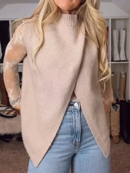 Asymmetric Wrap-front Mock-neck Knit Vest