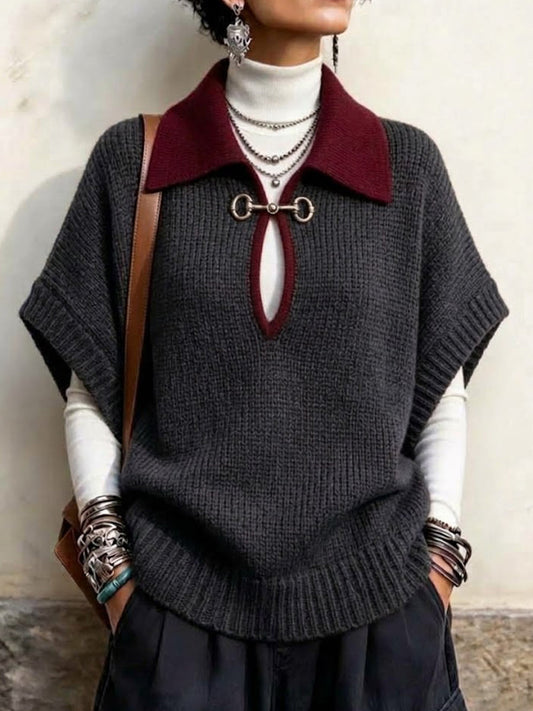 Color Block Collared Sleeveless Knit Vest