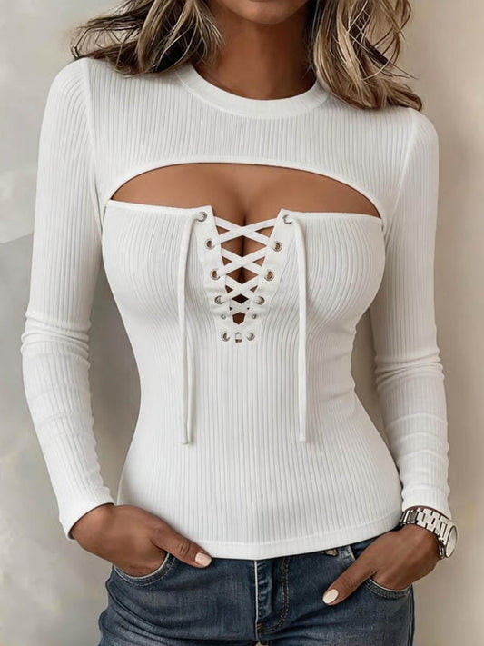 Women's Solid Color Crew Neck Long-sleeve Casual Knit Top With Wide Cut-outs And Lace-up Detail