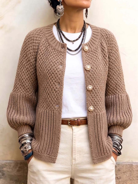 Women's Textured Knit Lantern Sleeve Cardigan With Pearl Buttons
