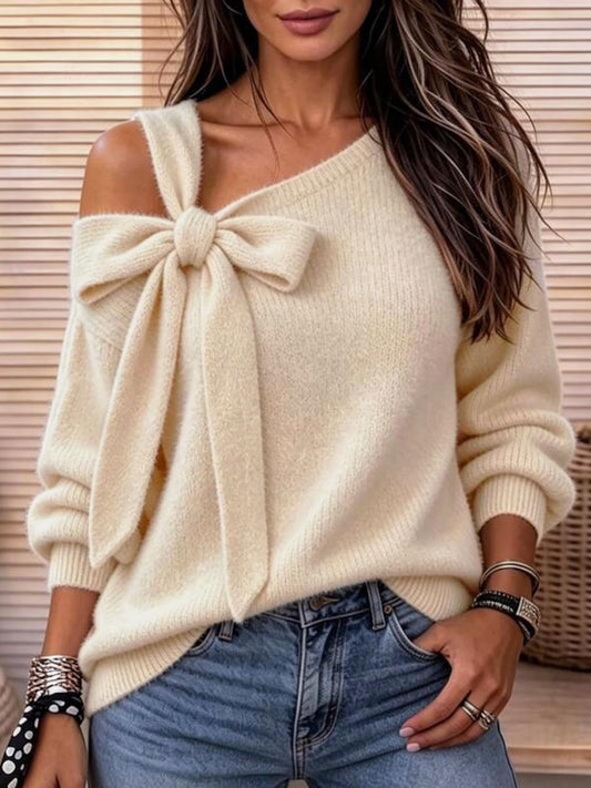Women's Off-shoulder Bowknot Asymmetrical Knit Sweater